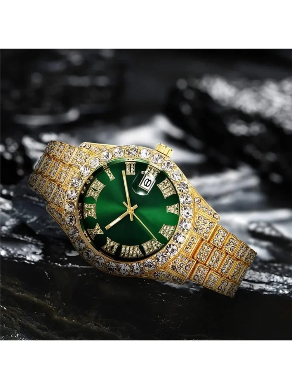 Men's Gold Green Analog Crystal Rhinestone Diamond Iced-Out Bracelet Wrist Watch